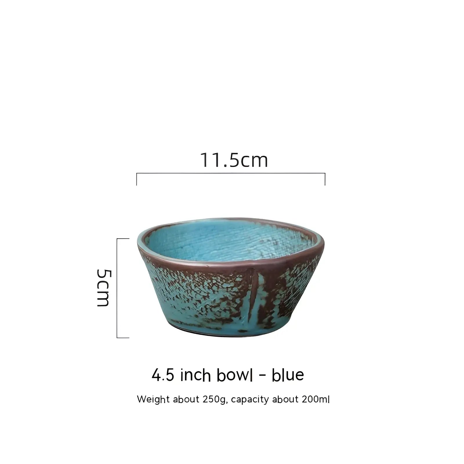 A rustic blue ceramic rice bowl with textured weathered finish and brown rim accents handcrafted for soup