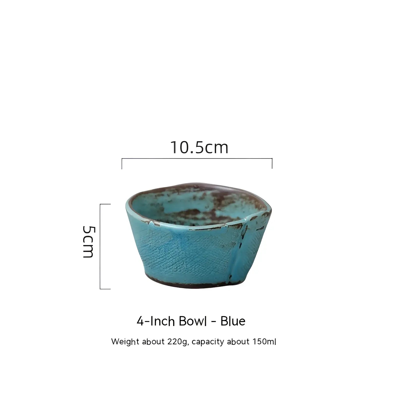 A rustic blue ceramic rice bowl with textured, slightly chipped finish and earthy brown accents for soup use