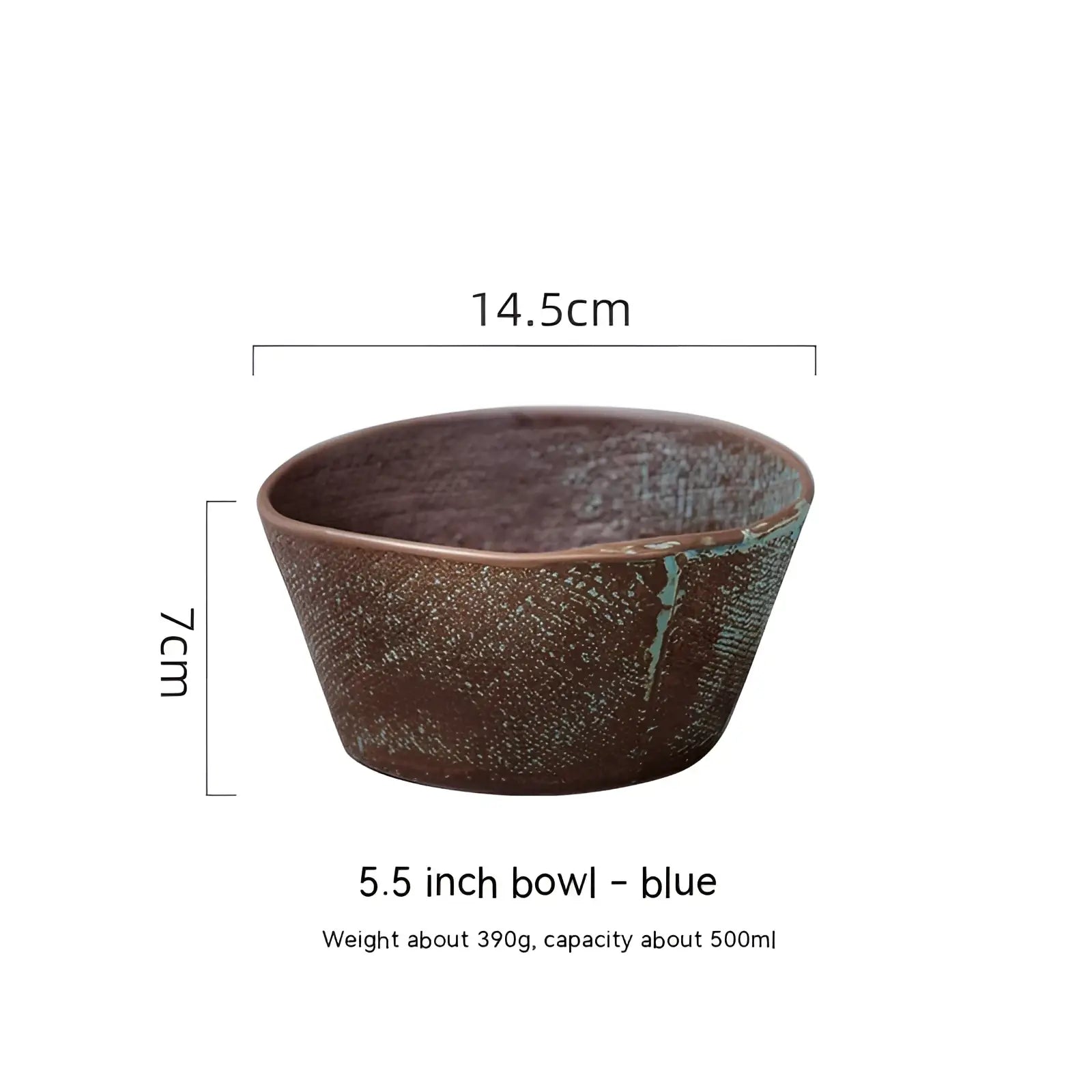 A rustic brown ceramic rice bowl with textured, slightly chipped surface and blue-green patina accents handcrafted