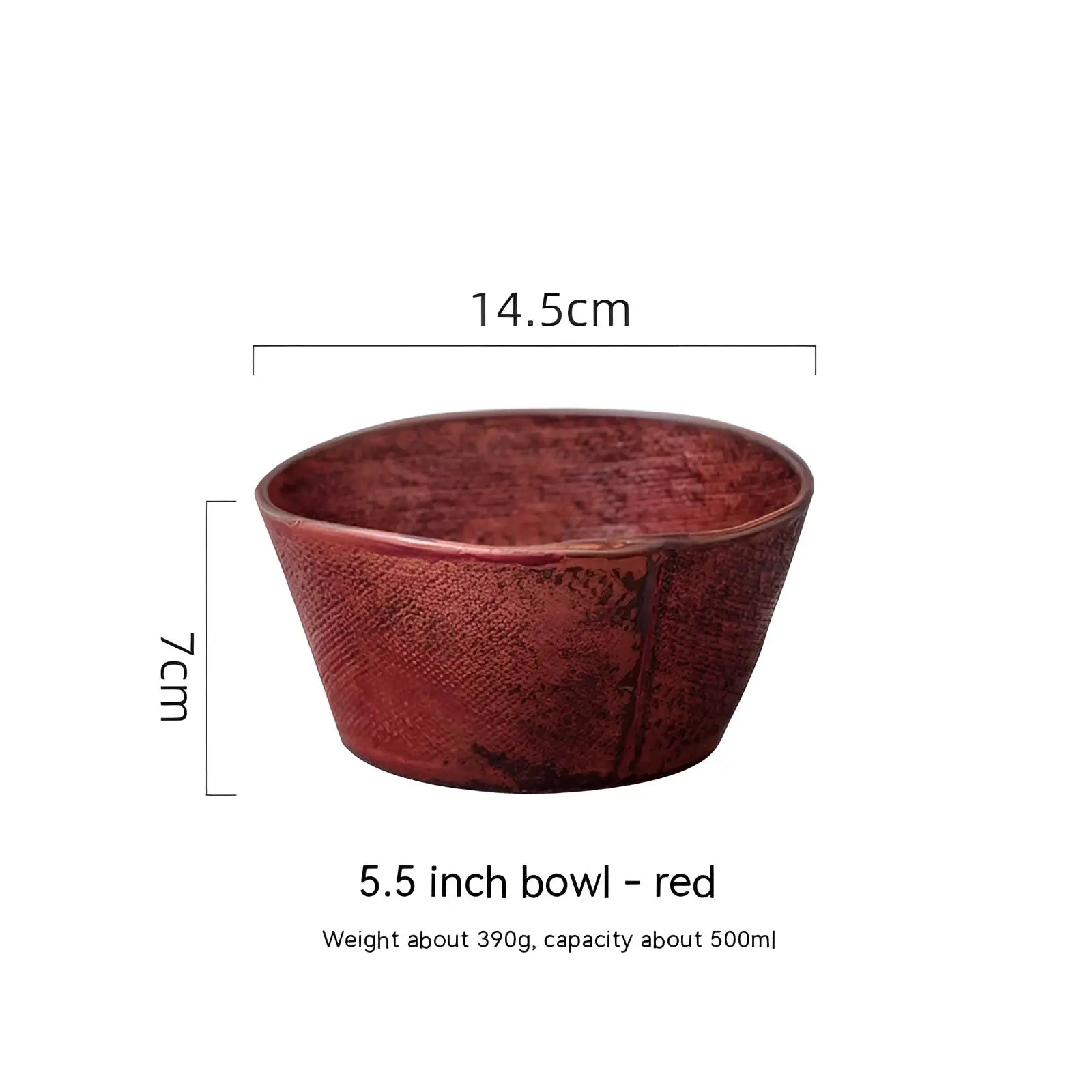 A rustic red ceramic rice bowl with a handcrafted textured surface and slightly irregular edges for soup
