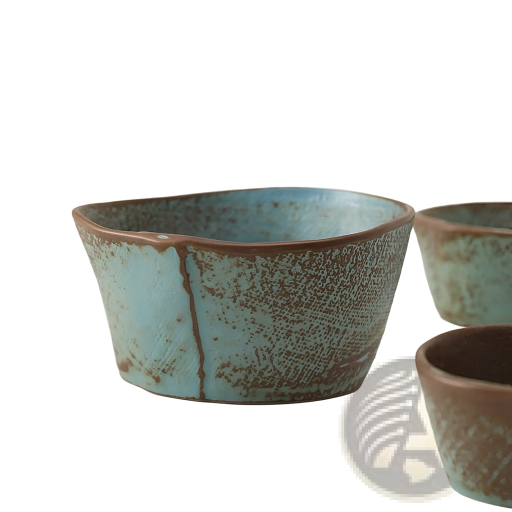 Handcrafted ceramic rice bowl with textured distressed turquoise glaze and earthy brown rim for soup and rice