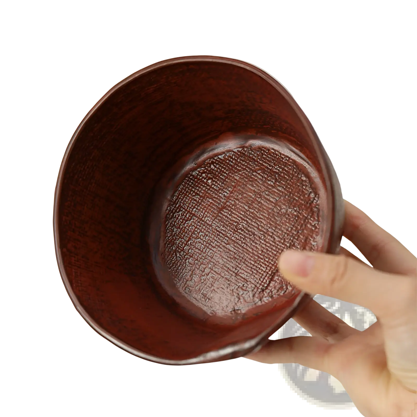 Handcrafted dark reddish-brown wooden bowl with textured woven pattern for ceramic rice and soup use