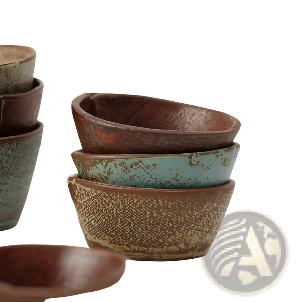 Stacked ceramic rice bowls with handcrafted textured earthy brown and teal glazes suitable for soup and rice