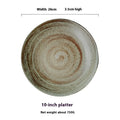 A rustic ceramic 10-inch platter with textured earthy glaze and concentric rings in muted brown and gray
