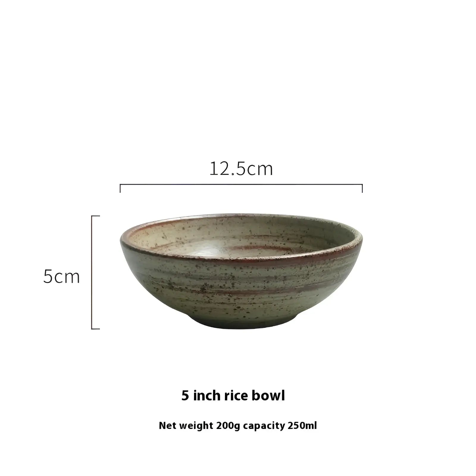 A rustic ceramic rice bowl with speckled greenish-gray glaze and subtle ridges from ceramic rustic speckled stoneware set
