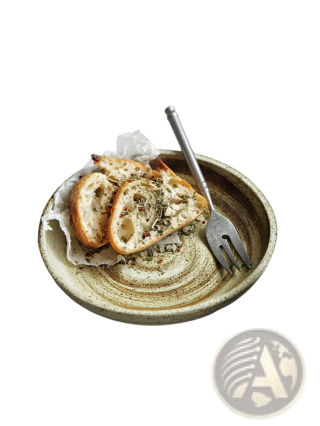 Earthenware plate from ceramic rustic speckled stoneware tableware set with muted greenish beige glaze and concentric rings