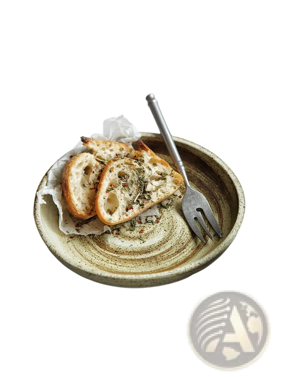Earthenware plate from ceramic rustic speckled stoneware tableware set with muted greenish beige glaze and concentric rings