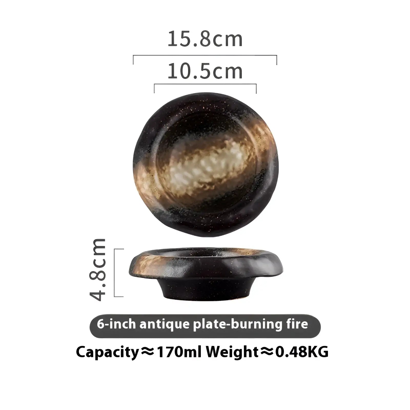 A 6-inch ceramic sashimi bowl with dark speckled glaze and golden brown swirling patterns vintage style
