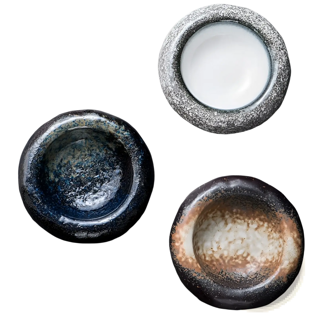 Handcrafted ceramic sashimi bowl and ashtrays with retro speckled glaze in deep blue gray and earthy brown tones