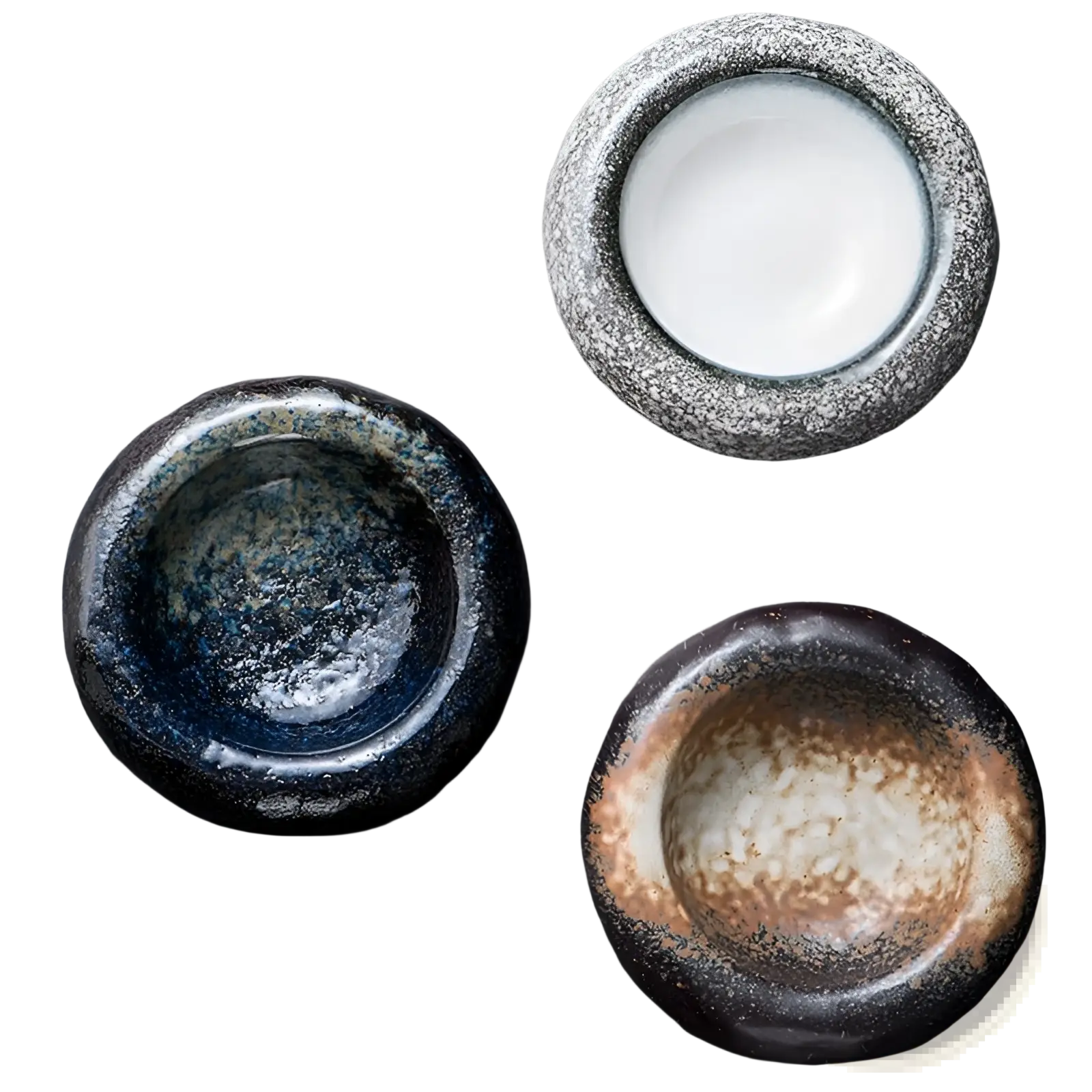 Handcrafted ceramic sashimi bowl and ashtrays with retro speckled glaze in deep blue gray and earthy brown tones