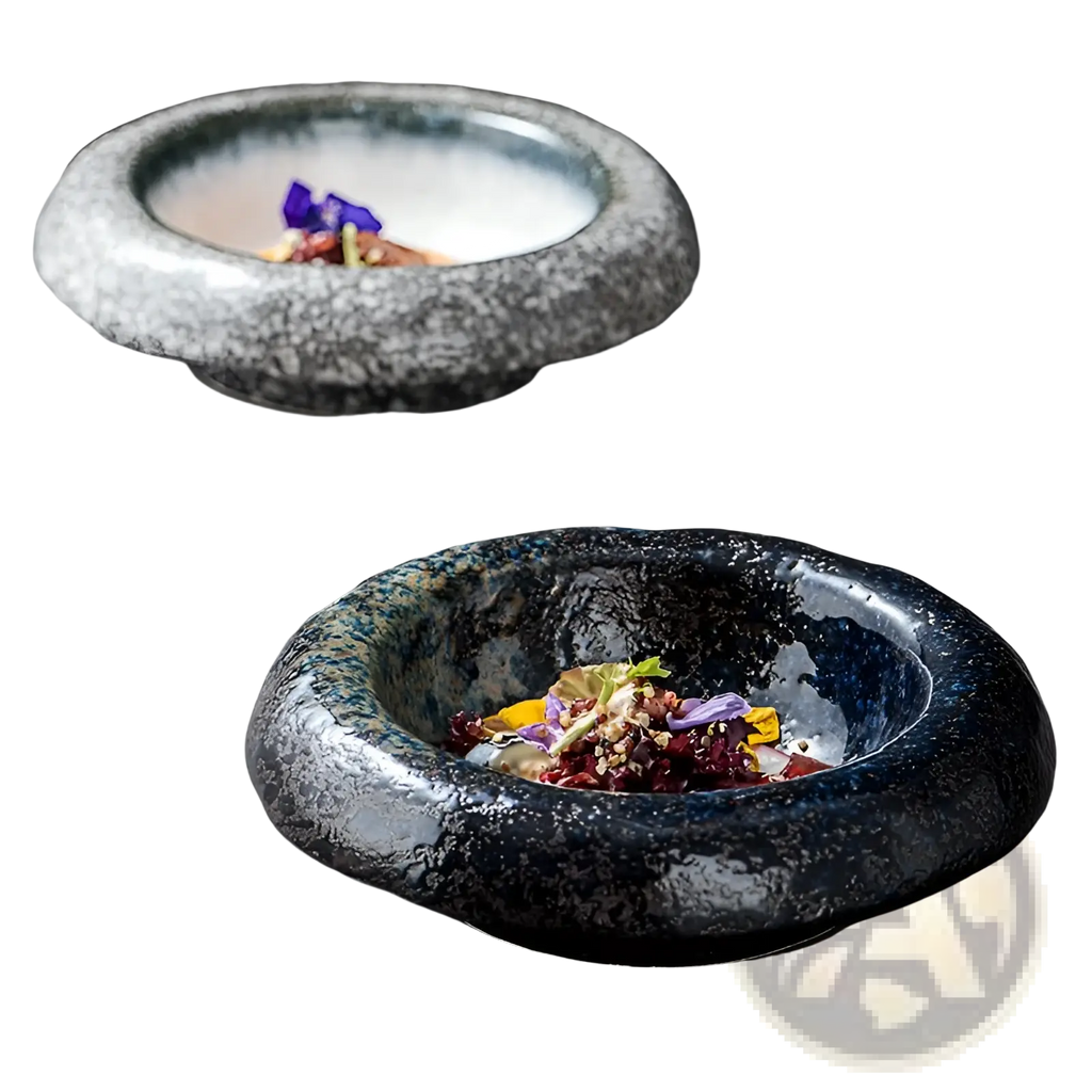 Rough-textured ceramic sashimi bowls with retro speckled black and gray glazes holding colorful garnished dishes