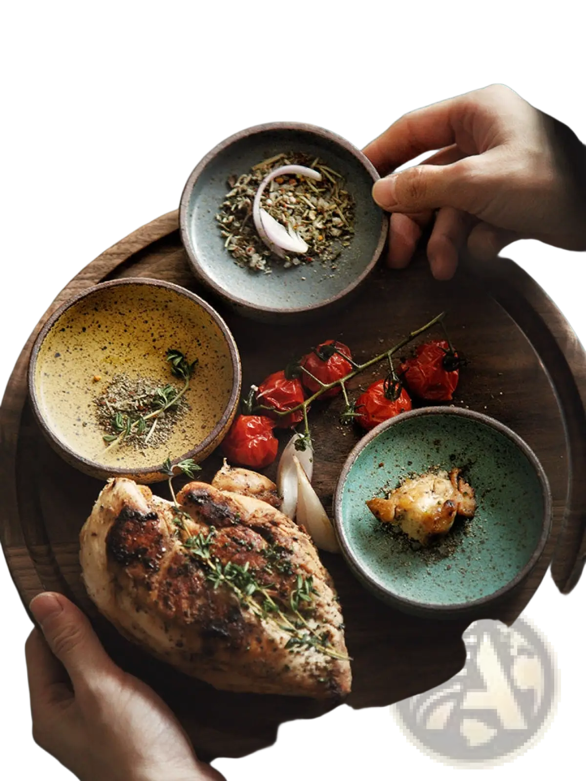 A rustic wooden serving tray with speckled ceramic sauce dishes in muted earth tones for Japanese dipping
