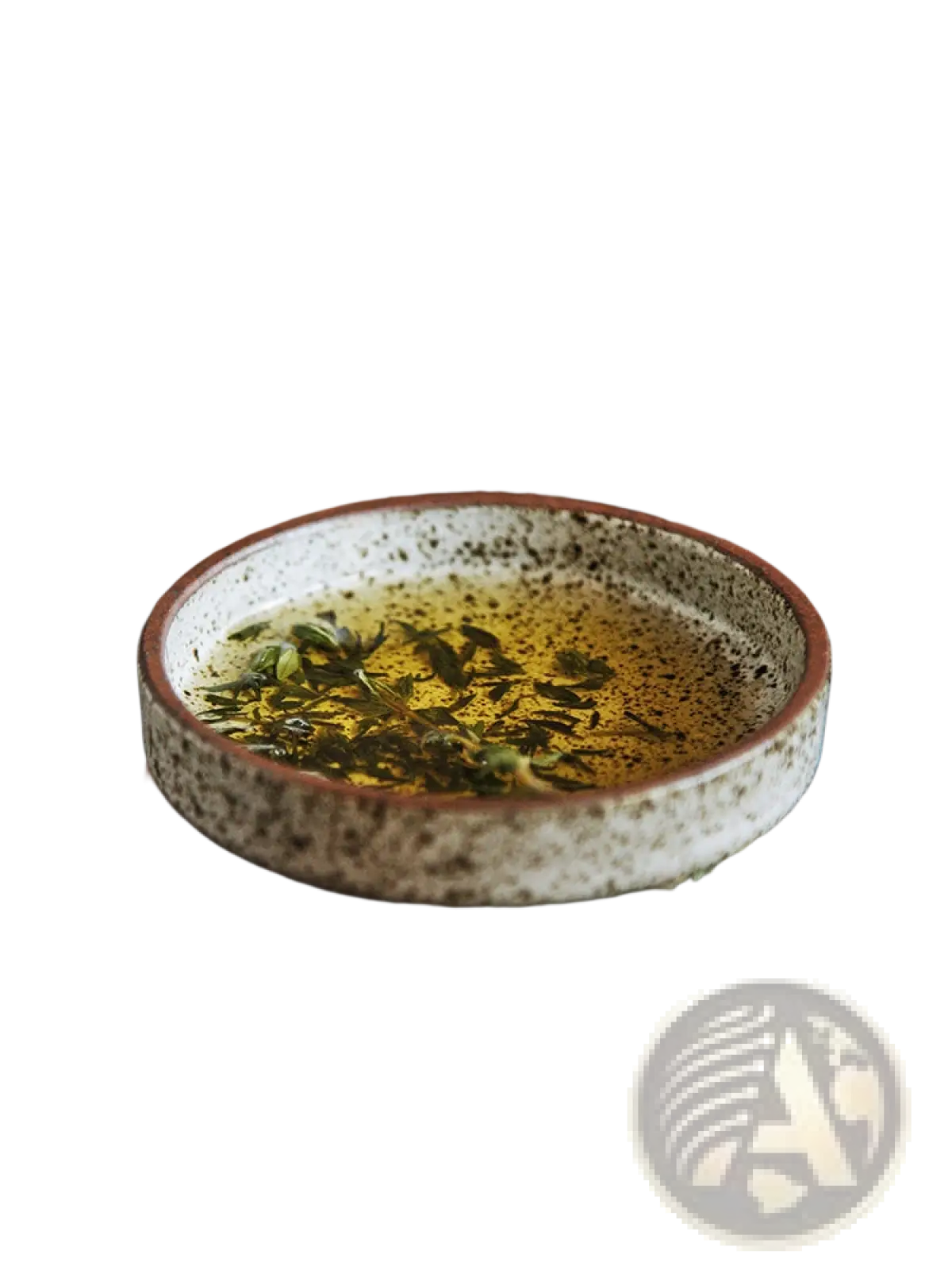 Ceramic sauce dish rustic Japanese dipping bowl speckled ceramic filled with golden olive oil and fresh thyme leaves