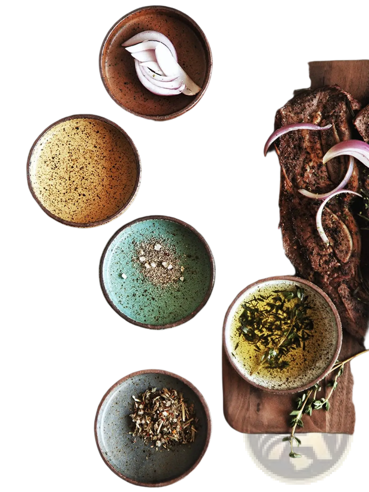 Set of five rustic ceramic sauce dishes with speckled glaze and dark rims in earthy tones for japanese dipping