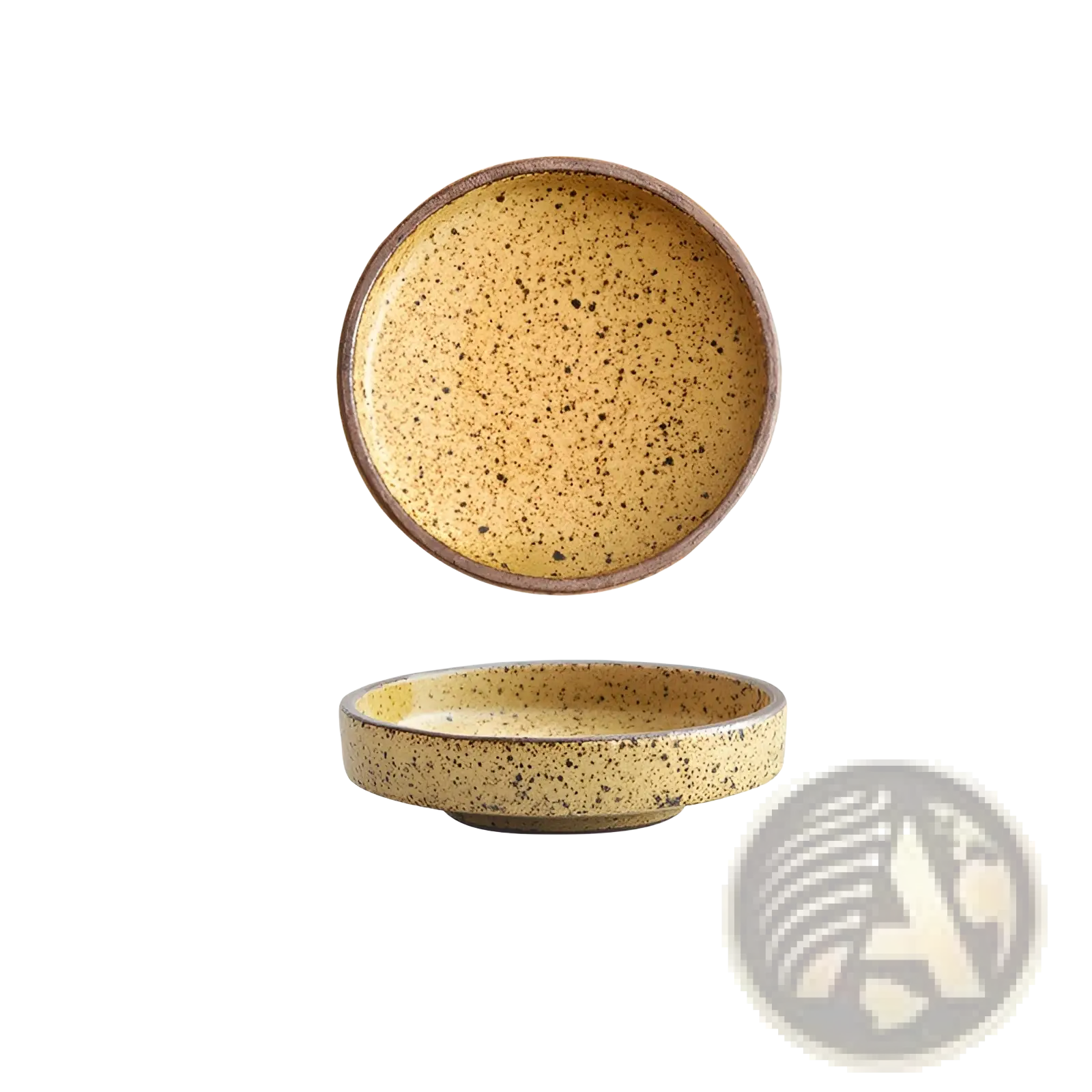Ceramic sauce dish rustic Japanese dipping bowl with speckled yellow glaze and dark brown rim, 9cm diameter, 75ml capacity