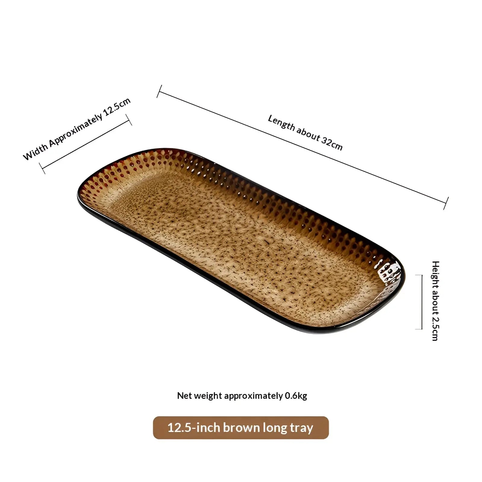 A 12.5-inch brown ceramic serving tray with a speckled surface and dotted rim measuring 32cm by 12.5cm