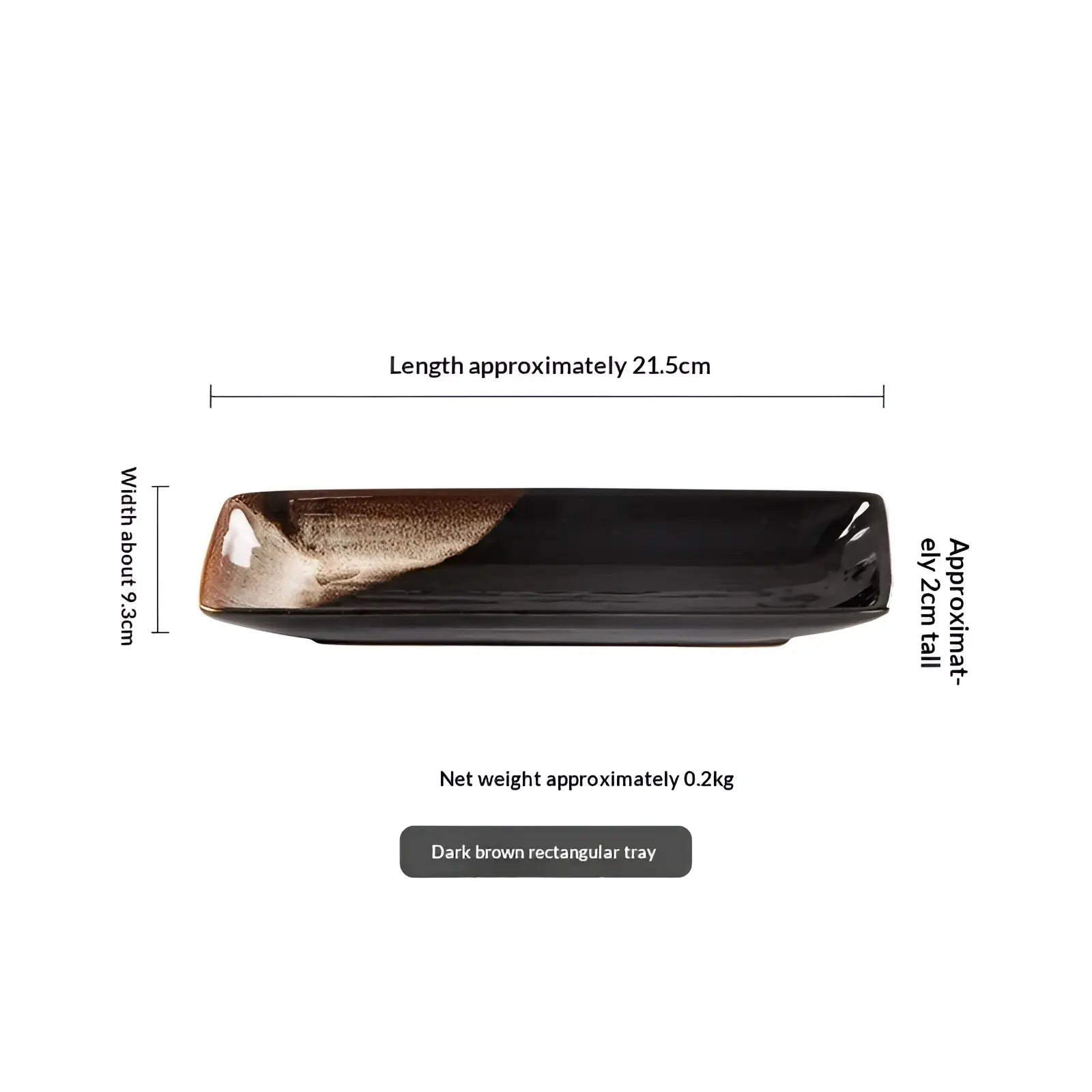 Dark brown rectangular ceramic serving tray with a glossy finish and lighter brown gradient along one edge