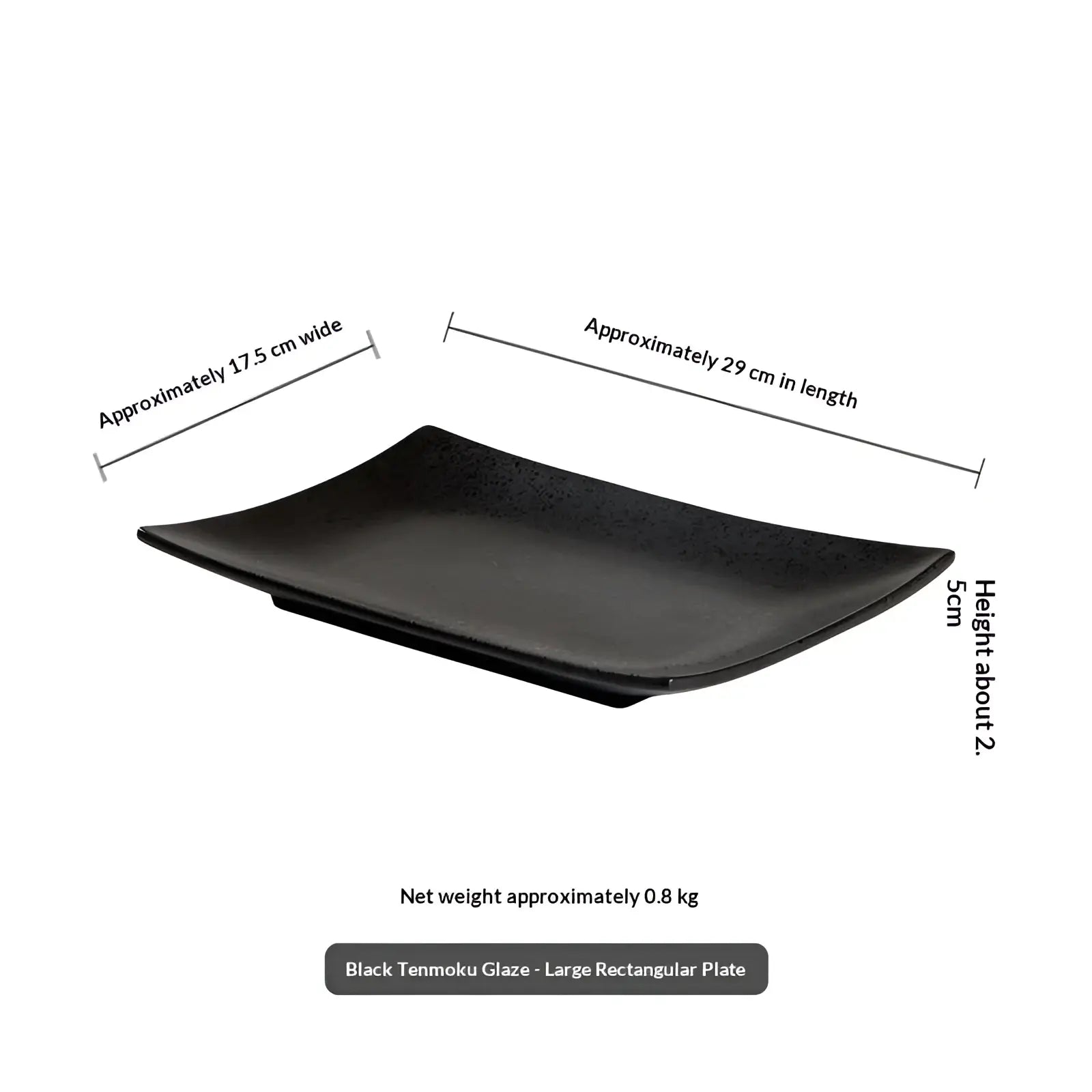Black tenmoku glaze ceramic serving tray with smooth glossy finish and slightly raised edges 12.5 inch rectangular plate