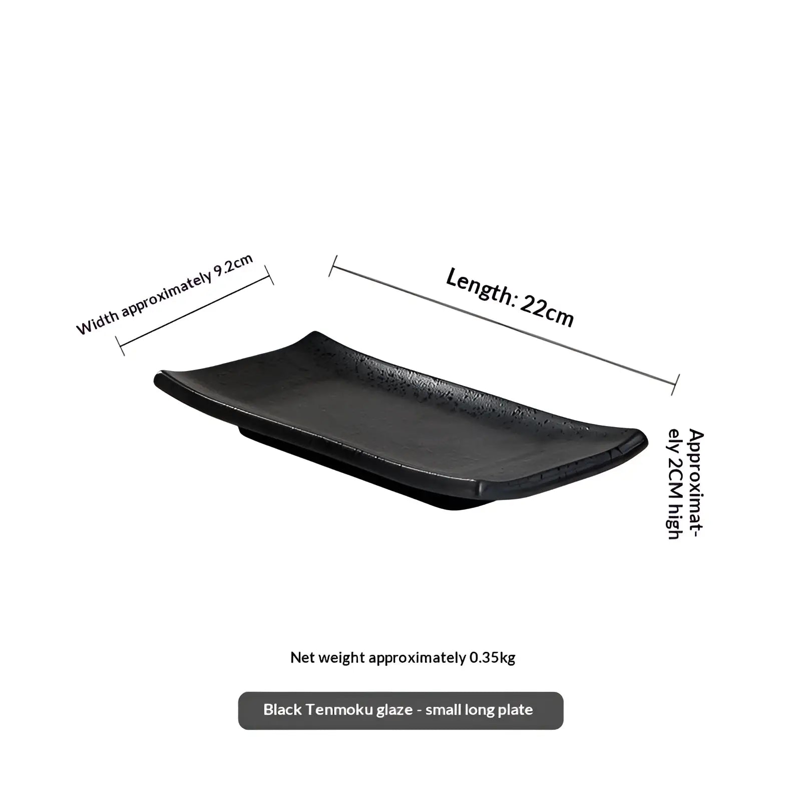 Ceramic serving tray 12.5 inch black tenmoku glaze long plate with textured matte finish and raised edges