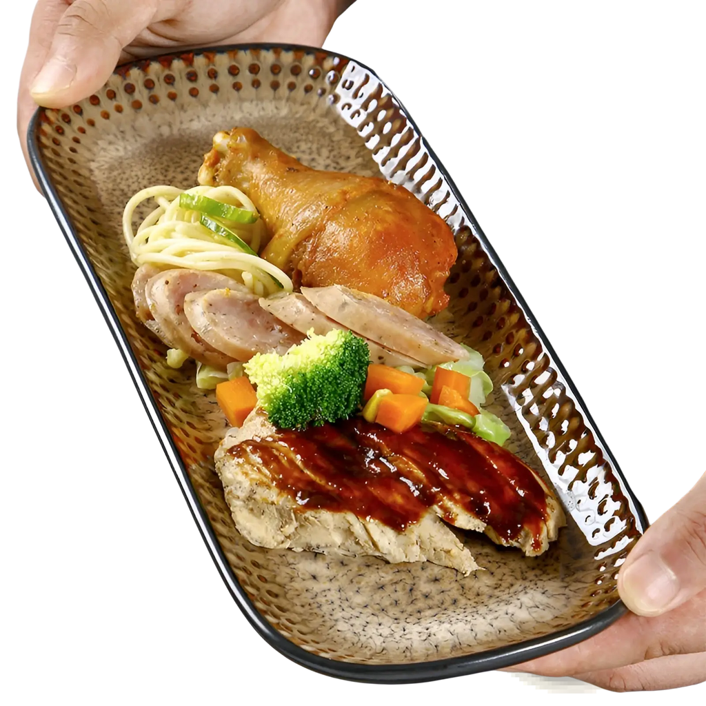 Ceramic serving tray 12.5 inch brown gradient platter with textured speckled surface and black rim ceramic material