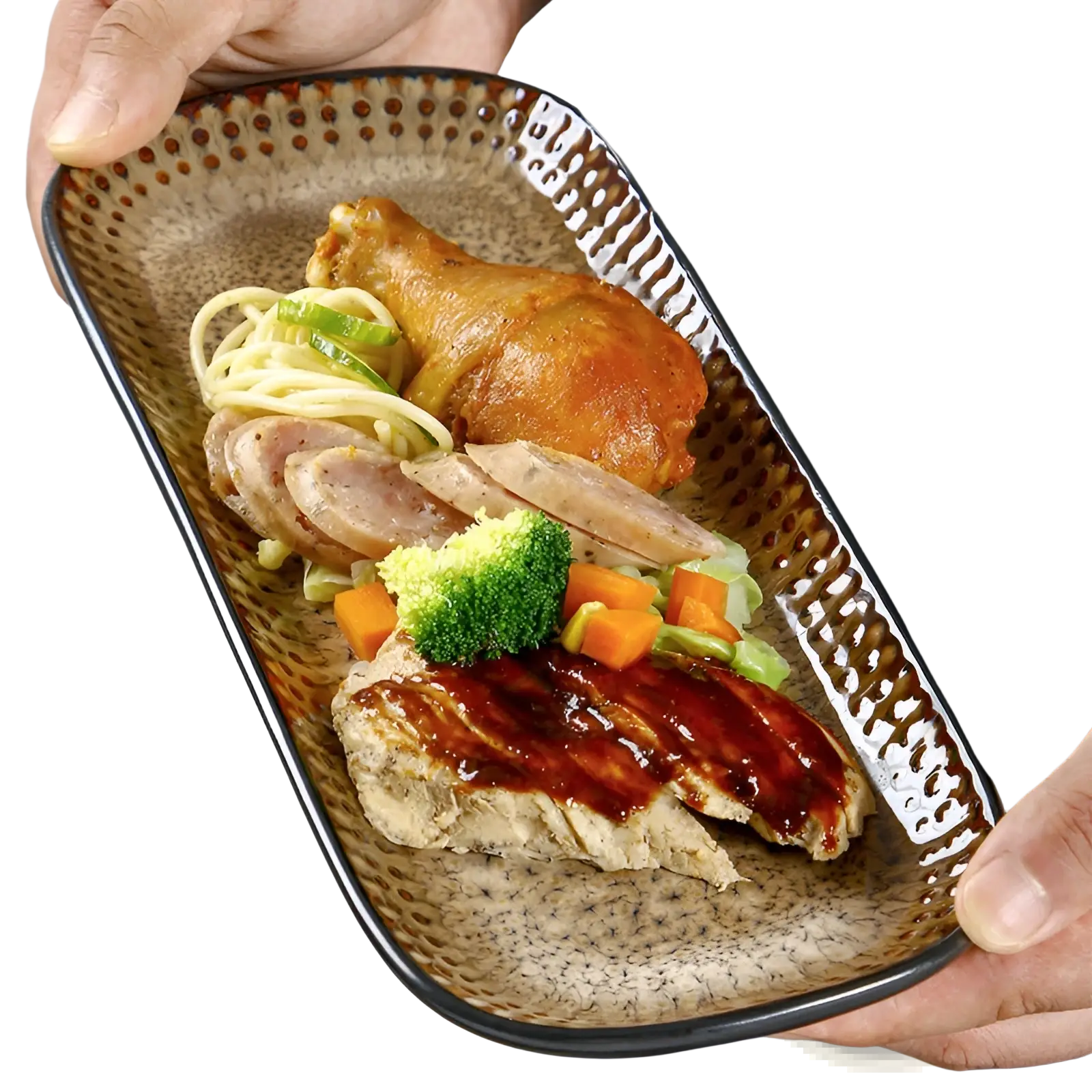 Ceramic serving tray 12.5 inch brown gradient platter with textured speckled surface and black rim ceramic material