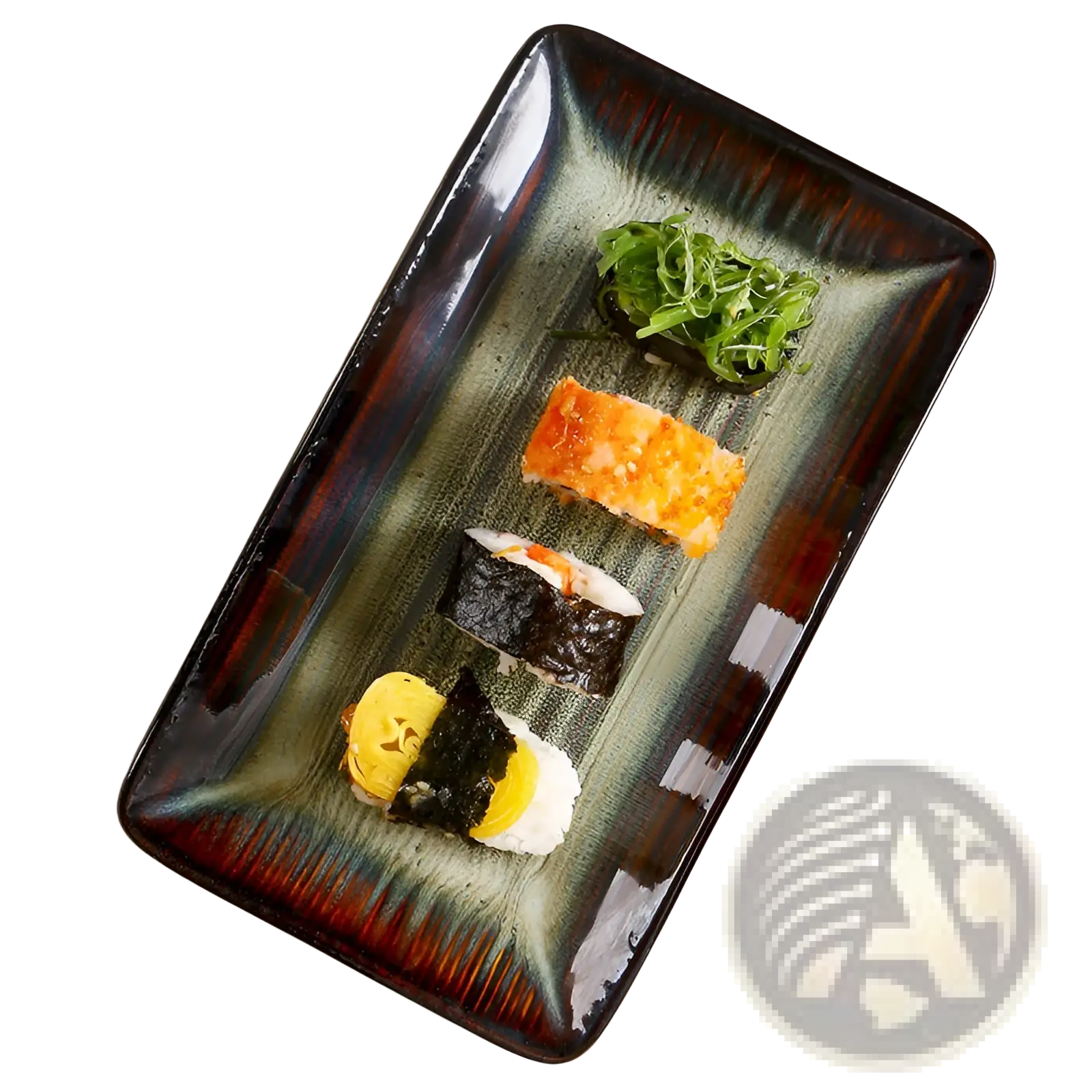 Rectangular ceramic serving tray 12.5 inch with glossy gradient glaze from deep brown to muted green