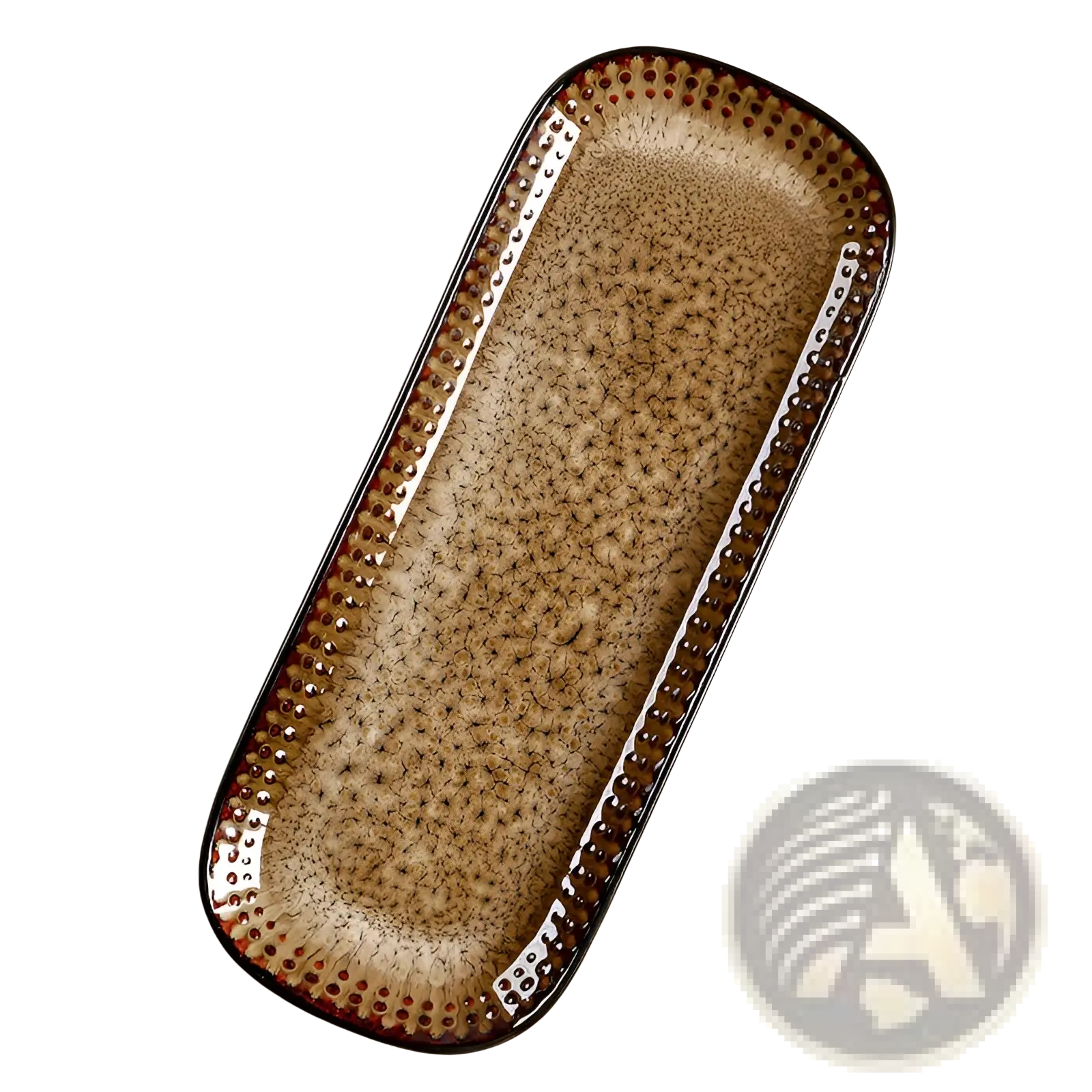 Brown ceramic serving tray with speckled texture and decorative dotted border 12.5 inch gradient platter