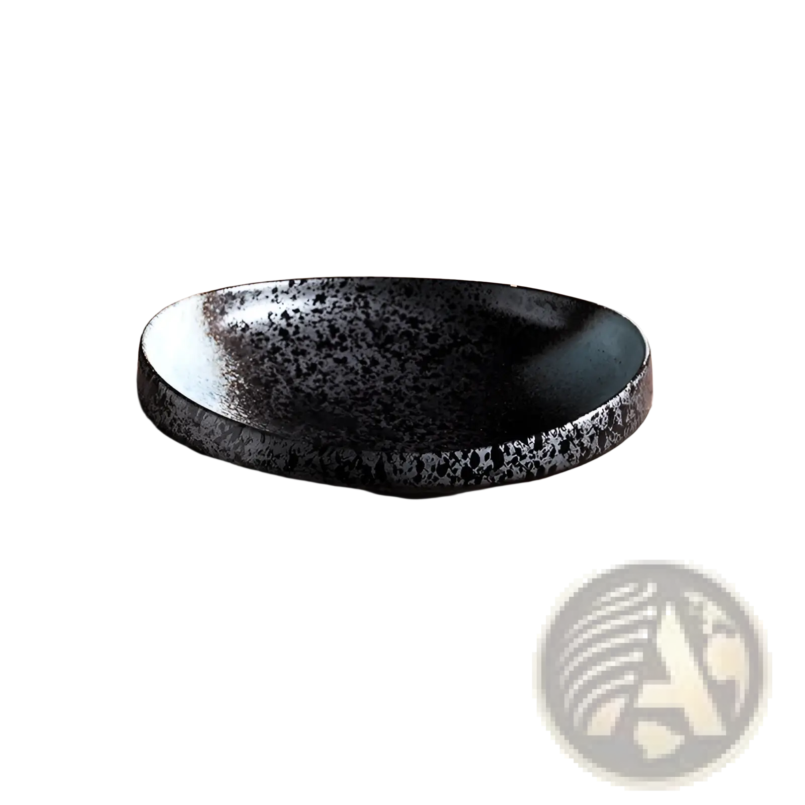 A sleek black ceramic speckled serving bowl with a glossy finish on a rustic wooden surface for home kitchens