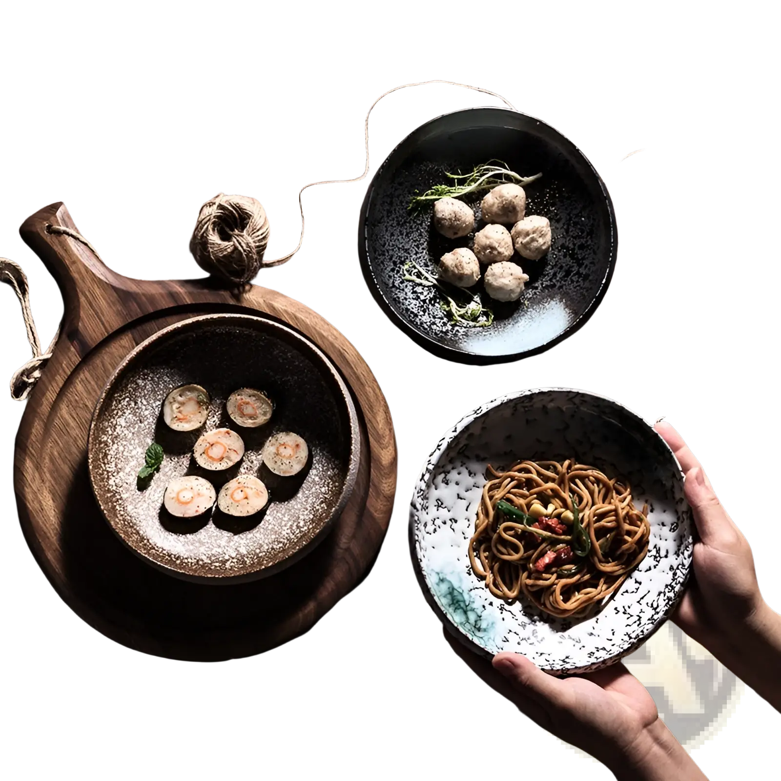 Rustic ceramic speckled serving bowls in earthy tones with noodles and herb garnish for home kitchens use