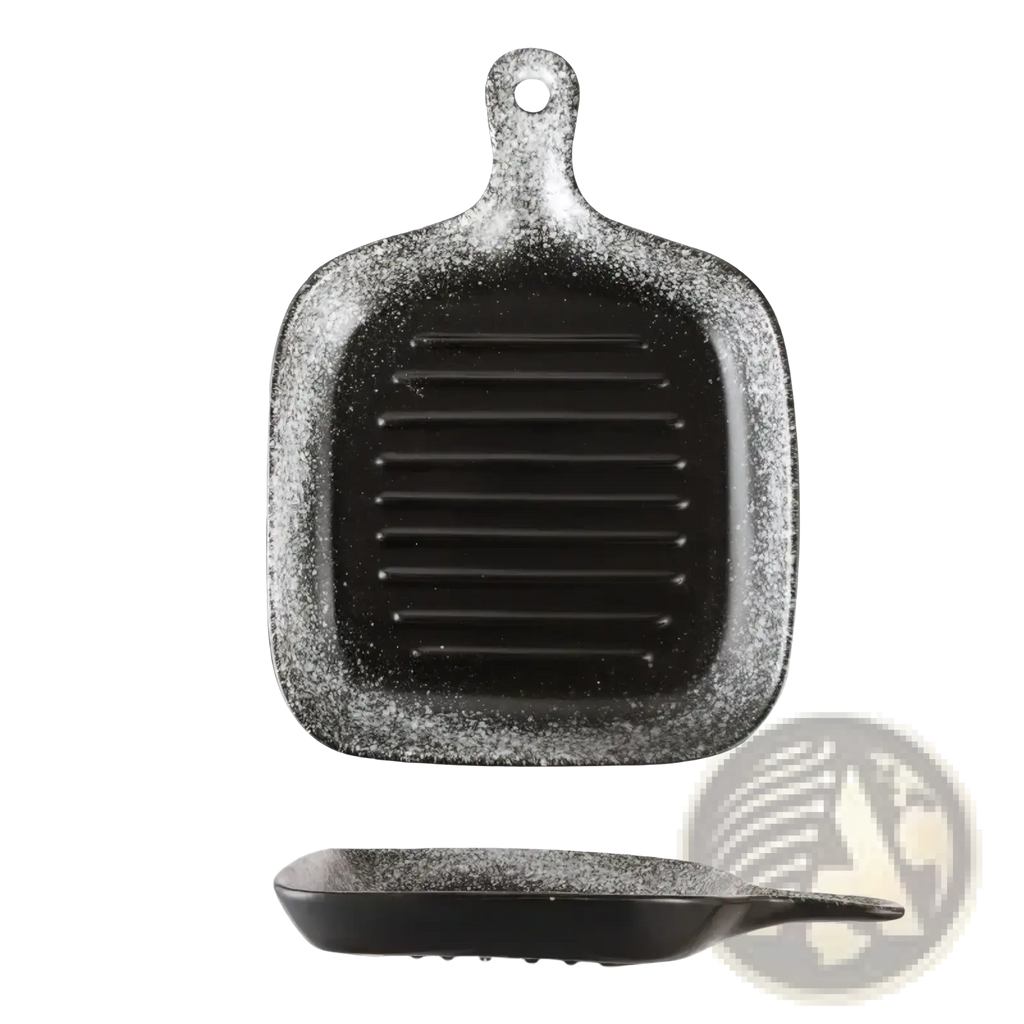 A black and silver speckled ceramic square baking plate with handle measuring 24cm by 17.5cm and weighing 480g