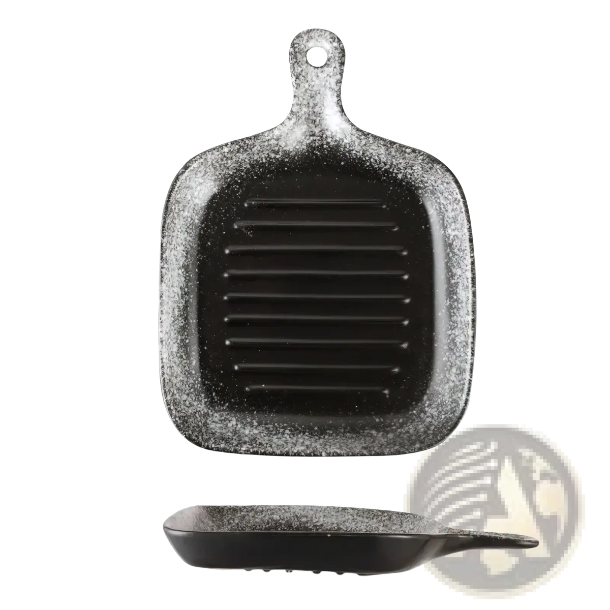 A black and silver speckled ceramic square baking plate with handle measuring 24cm by 17.5cm and weighing 480g