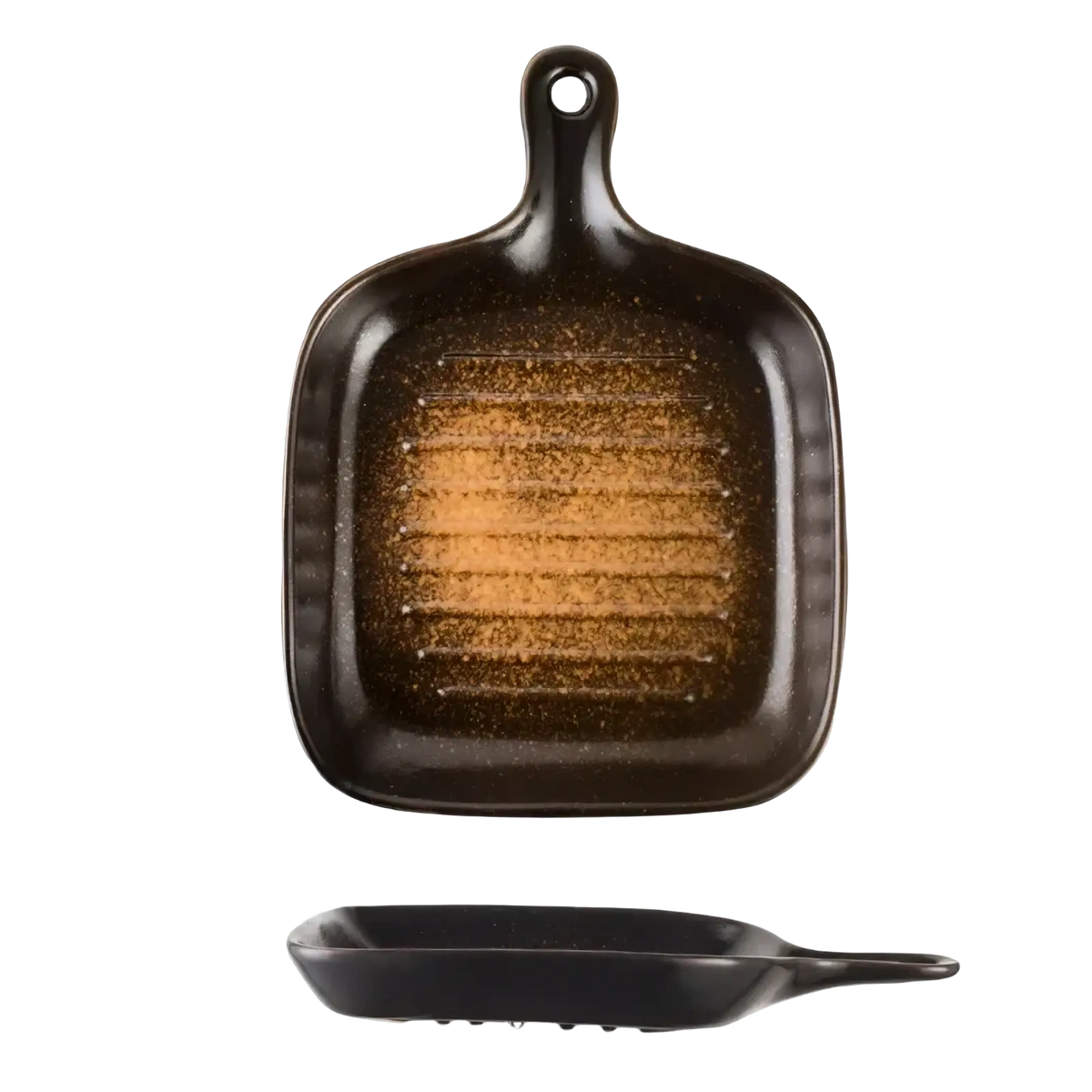 Black ceramic square baking plate with handle featuring a glossy finish and golden-brown speckled grill surface