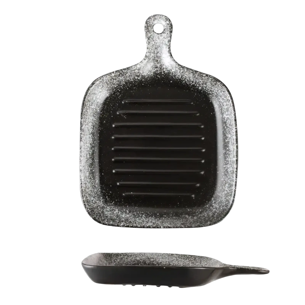 A black and silver speckled ceramic square baking plate with handle measuring 24cm by 17.5cm and weighing 480g