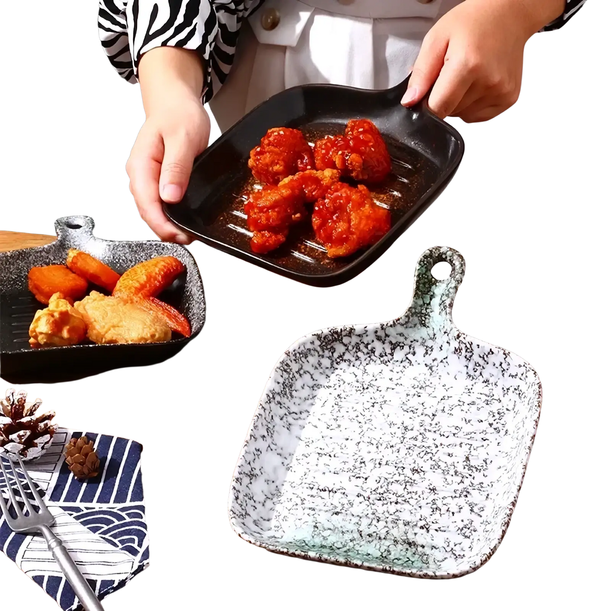 Black speckled ceramic square baking plate with a handle for convenient serving and cooking use