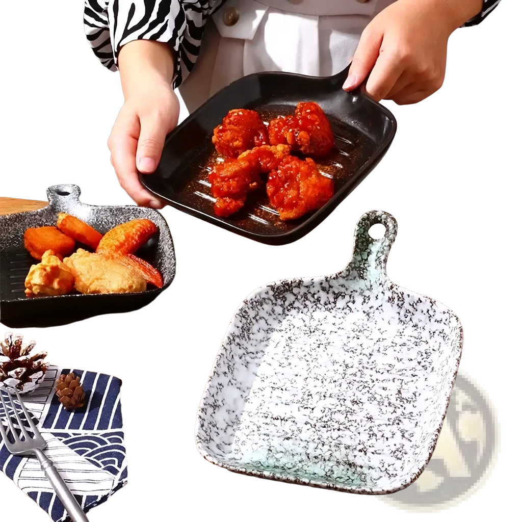 Black speckled ceramic square baking plate with a handle for convenient serving and cooking use