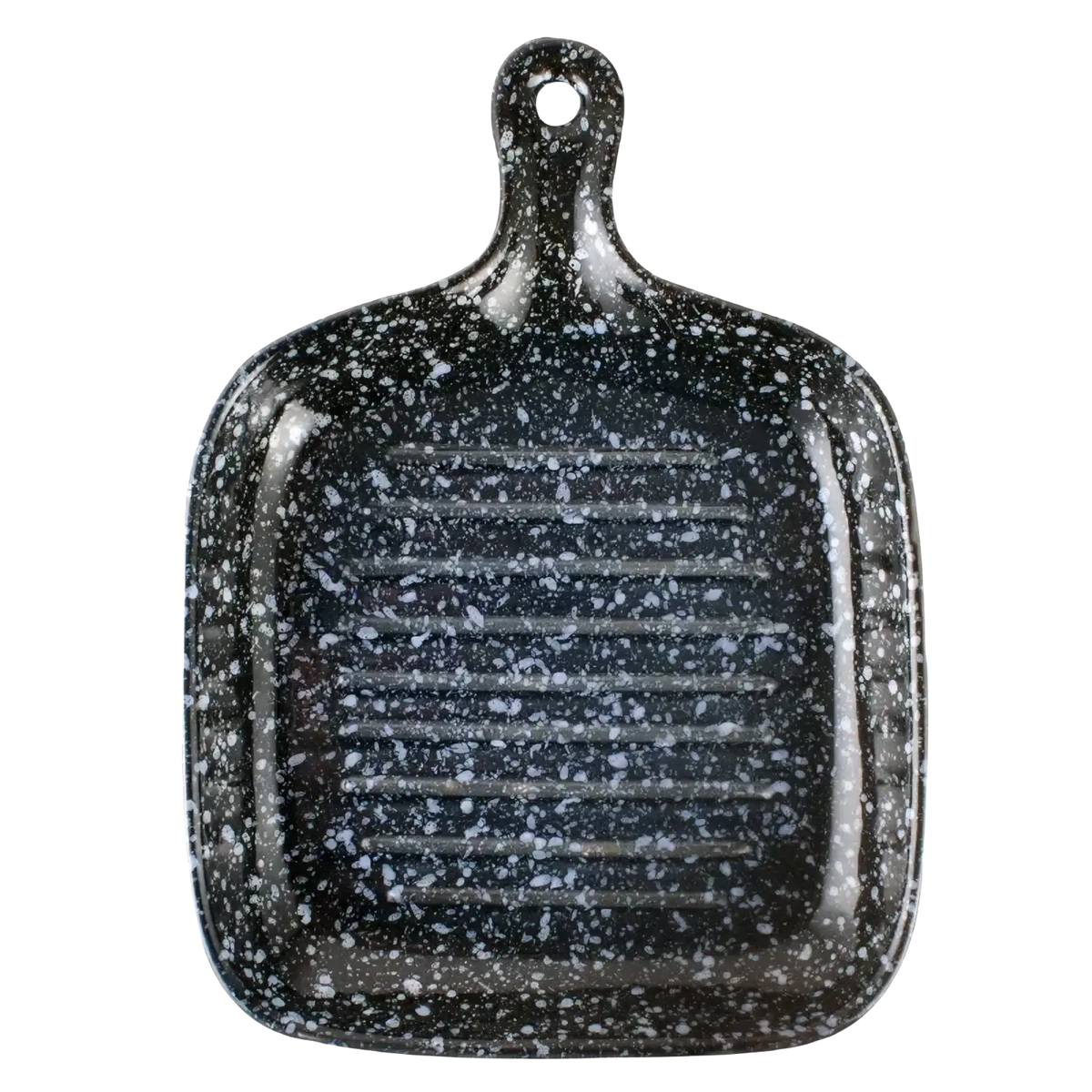 Ceramic square baking plate with handle in black speckled enamel featuring a ridged cooking surface griddle