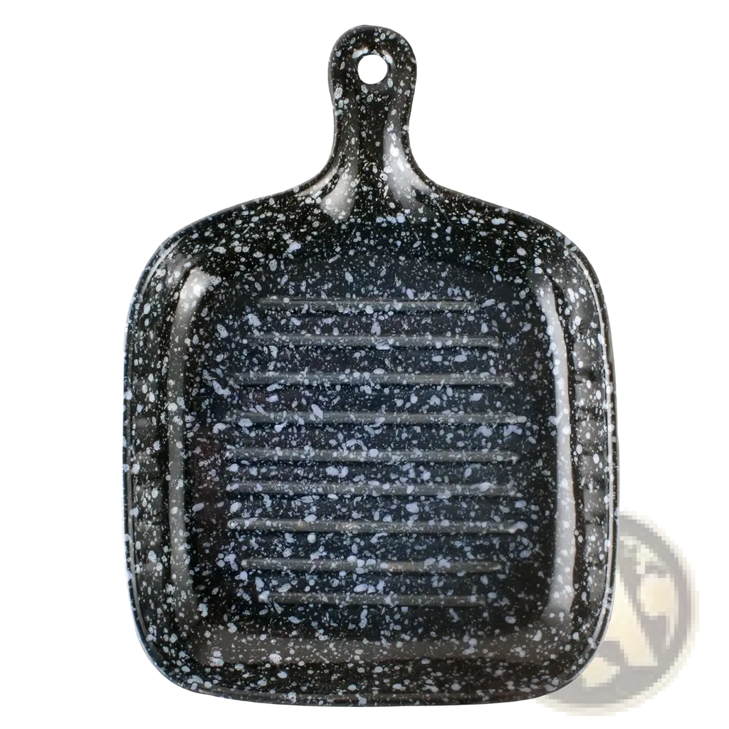 Ceramic square baking plate with handle in black speckled enamel featuring a ridged cooking surface griddle