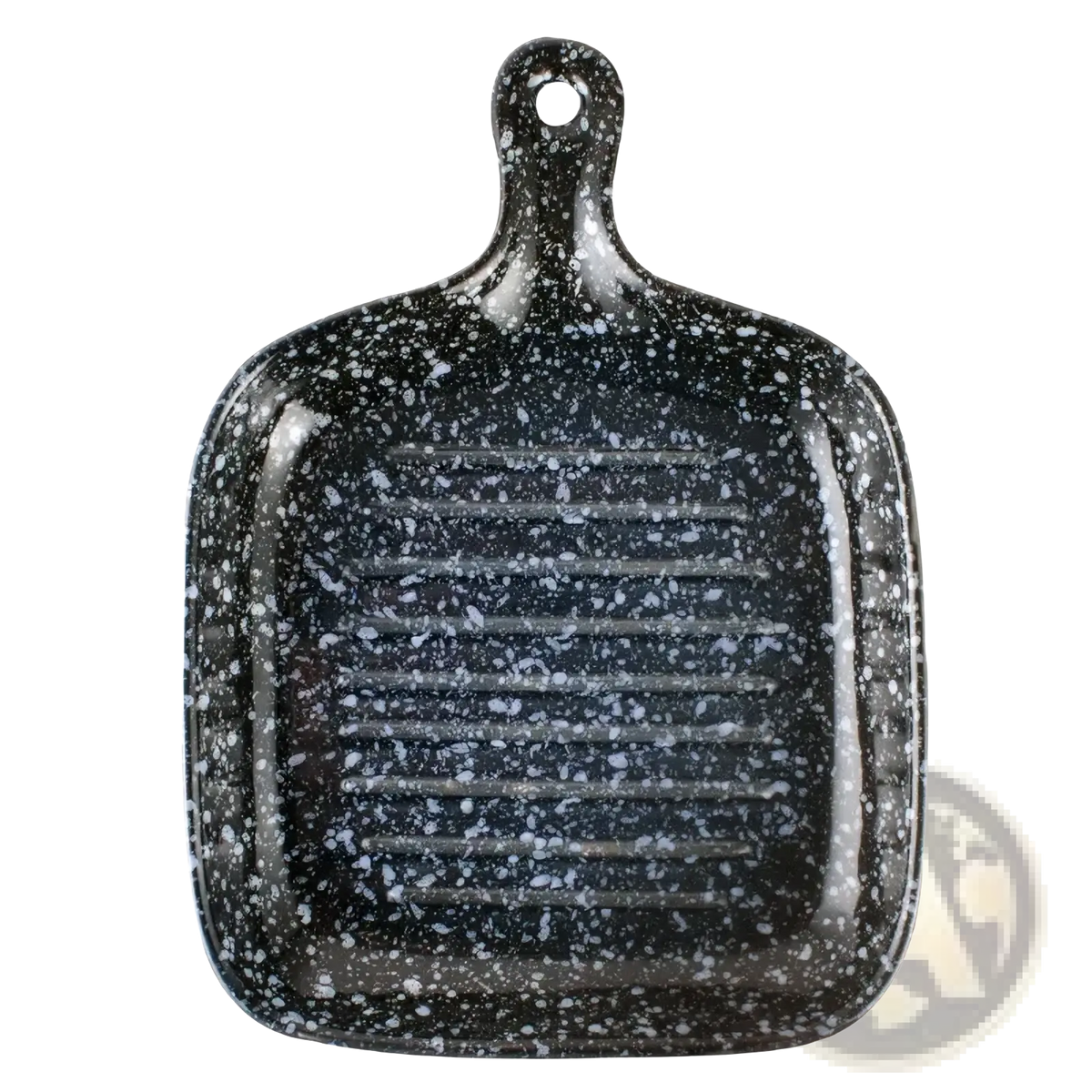 Ceramic square baking plate with handle in black speckled enamel featuring a ridged cooking surface griddle