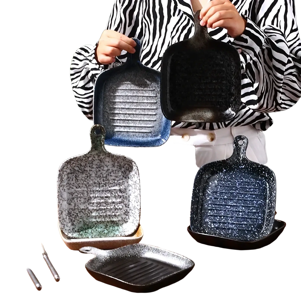 Blue speckled ceramic square baking plate with a textured ribbed surface and sturdy handle for grilling and baking