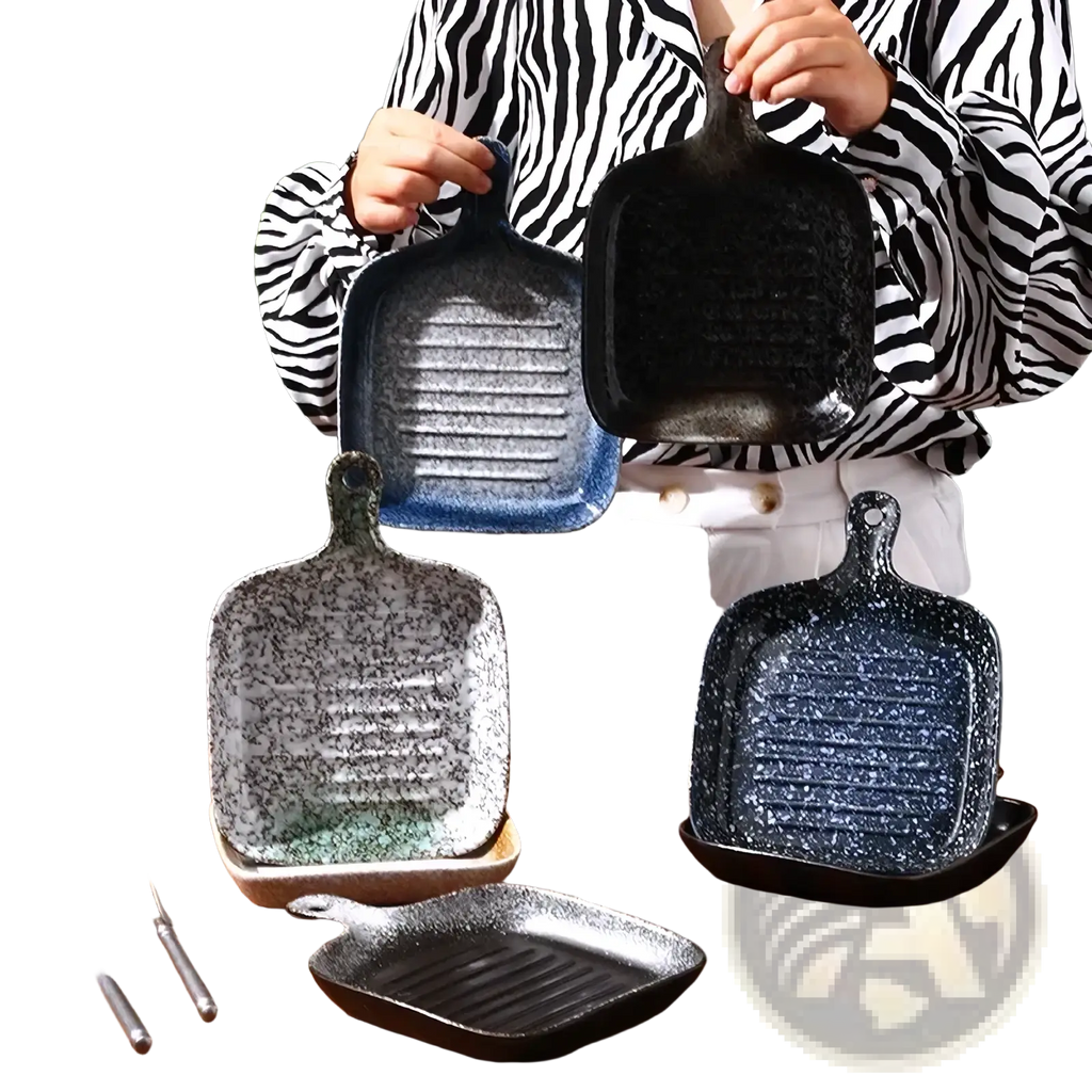 Blue speckled ceramic square baking plate with a textured ribbed surface and sturdy handle for grilling and baking