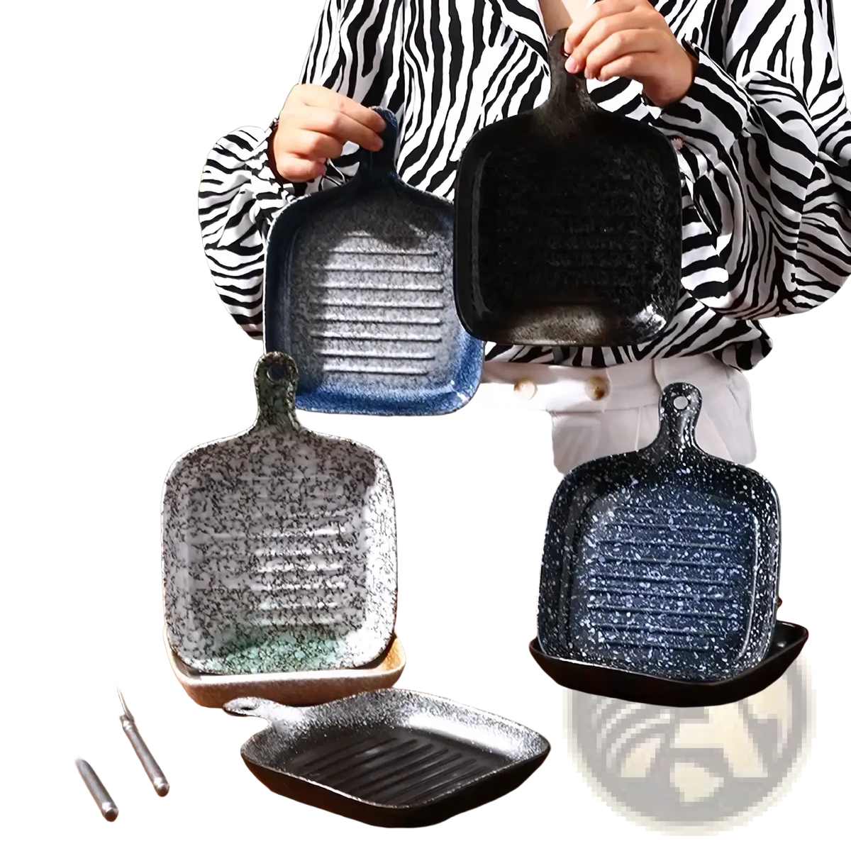 Blue speckled ceramic square baking plate with a textured ribbed surface and sturdy handle for grilling and baking