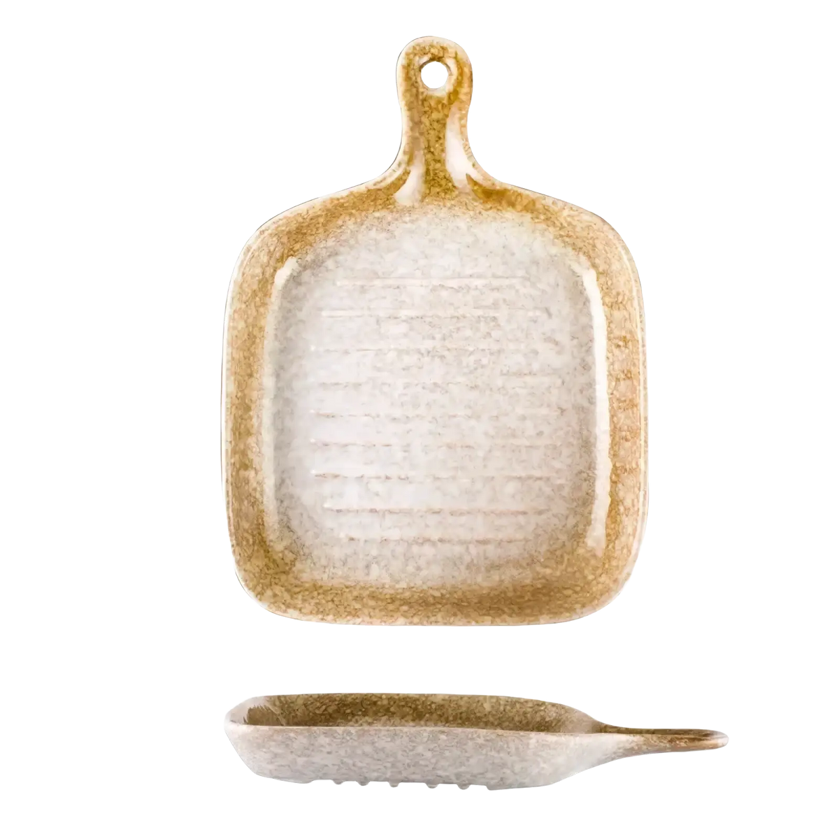 Ceramic square baking plate with integrated handle featuring textured speckled beige and gold glaze