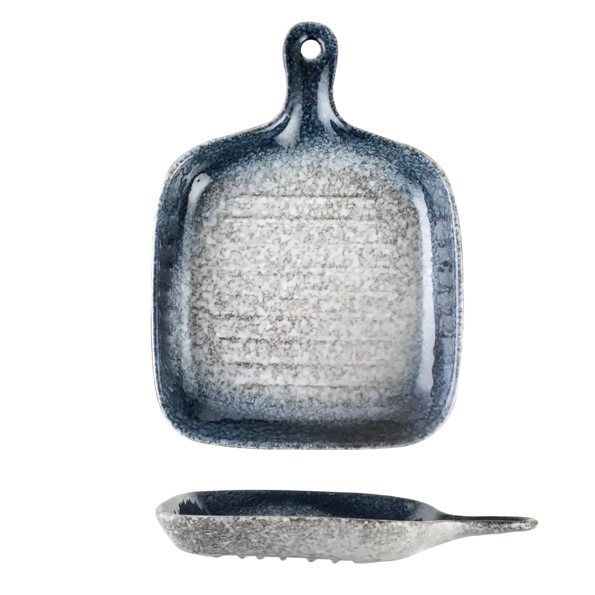 Ceramic square baking plate with handle featuring a speckled blue-gray glaze and textured ridges for griddling
