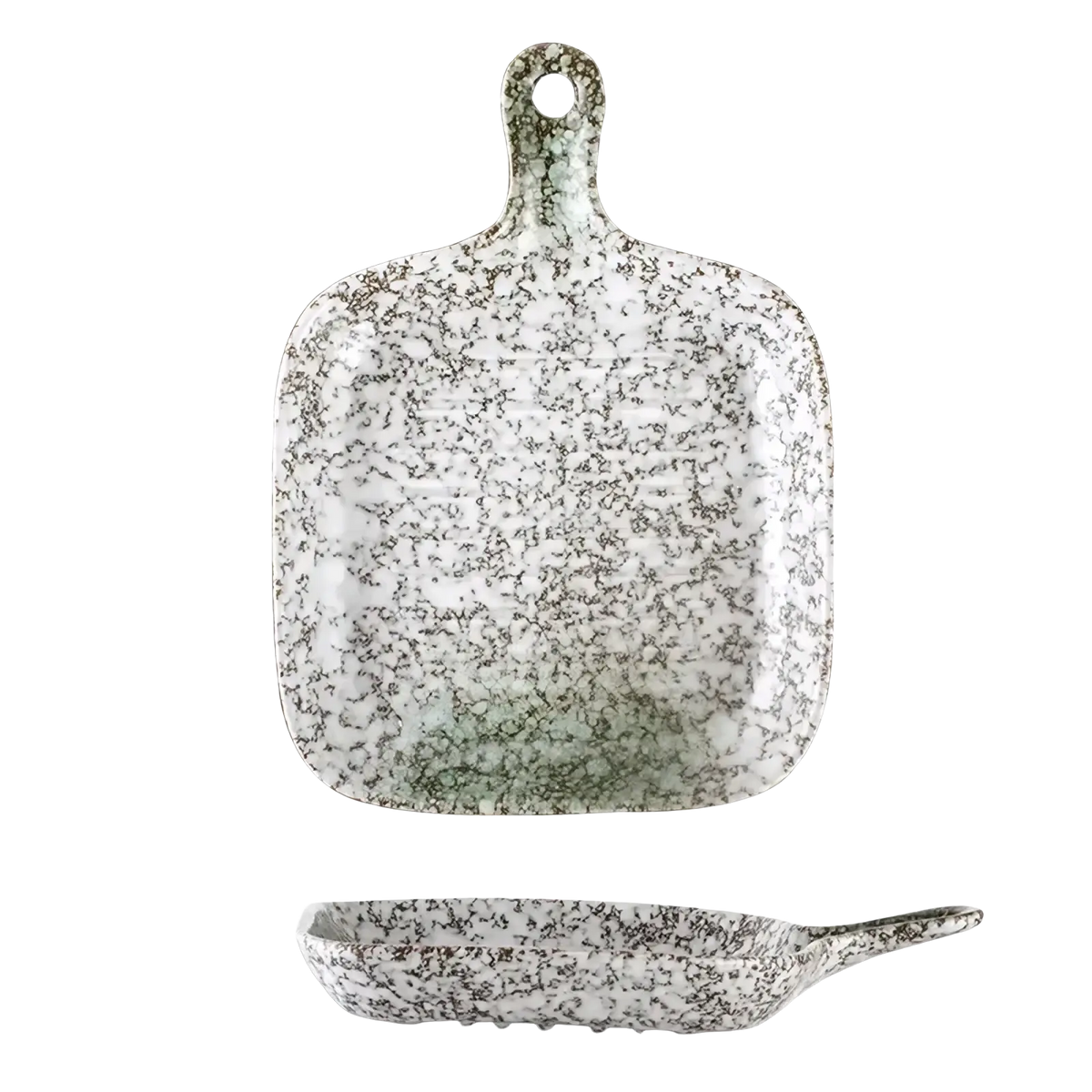 Ceramic square baking plate with handle in speckled white ceramic featuring a greenish tint and textured surface