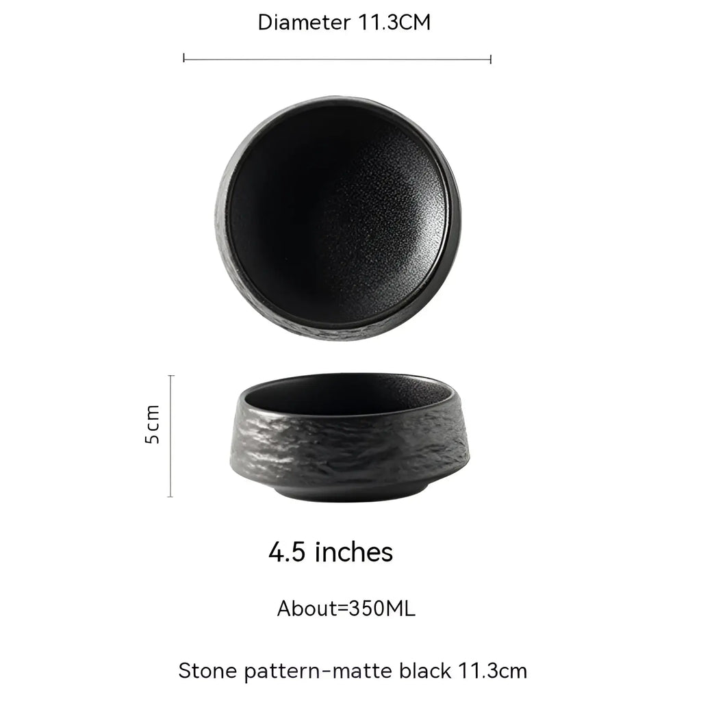 Matte black ceramic stone pattern deep plate with textured finish and slightly flared rim for Japanese tableware