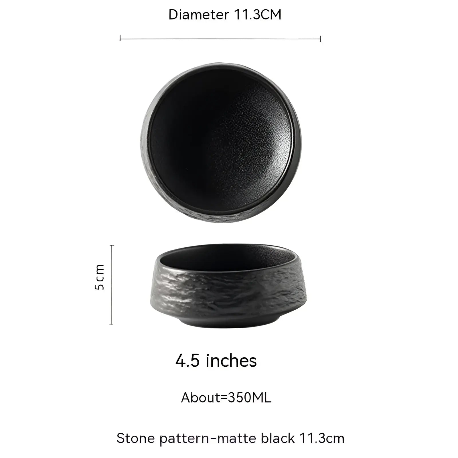 Matte black ceramic stone pattern deep plate with textured finish and slightly flared rim for Japanese tableware