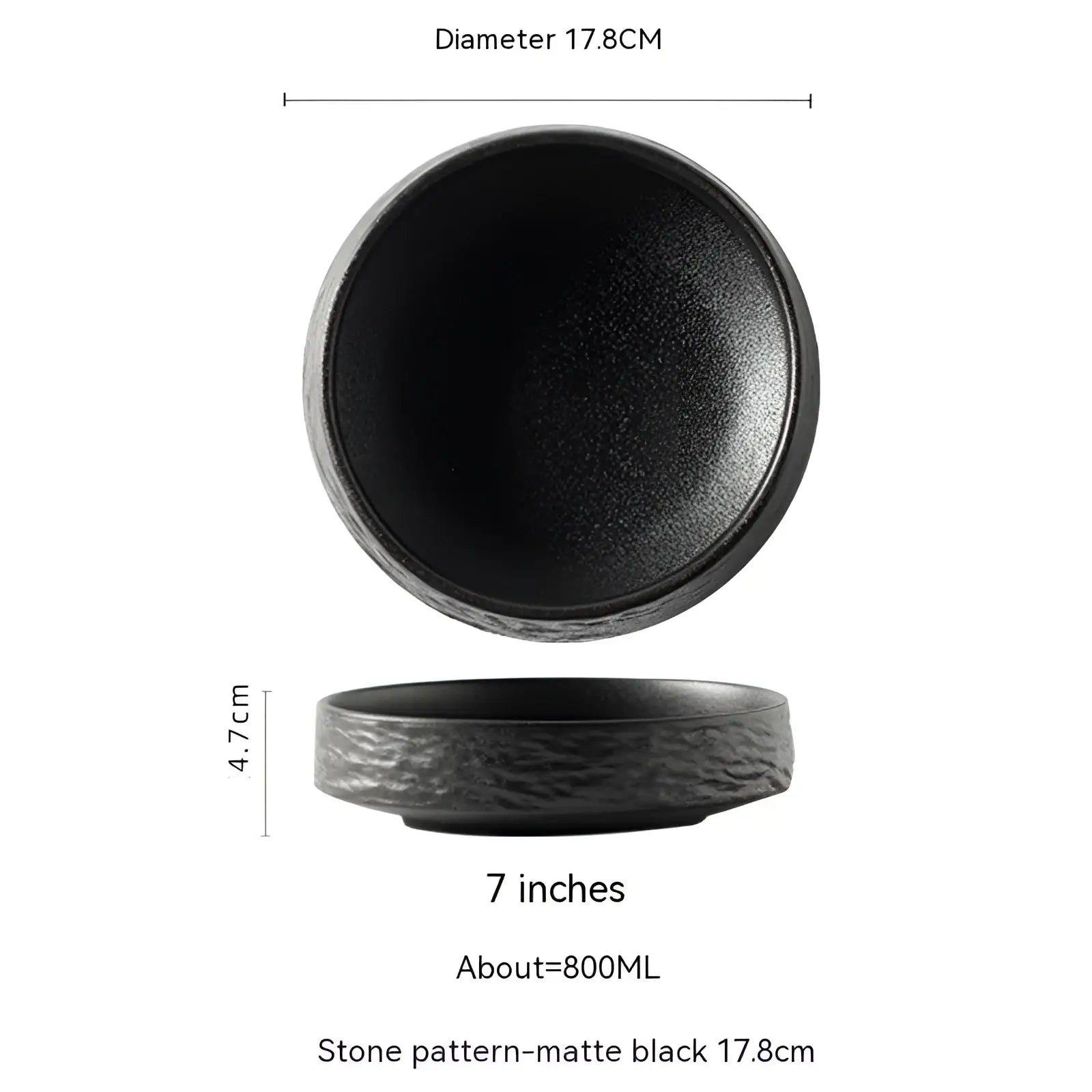 Matte black ceramic stone pattern deep plate with textured surface and slightly raised rim for Japanese tableware