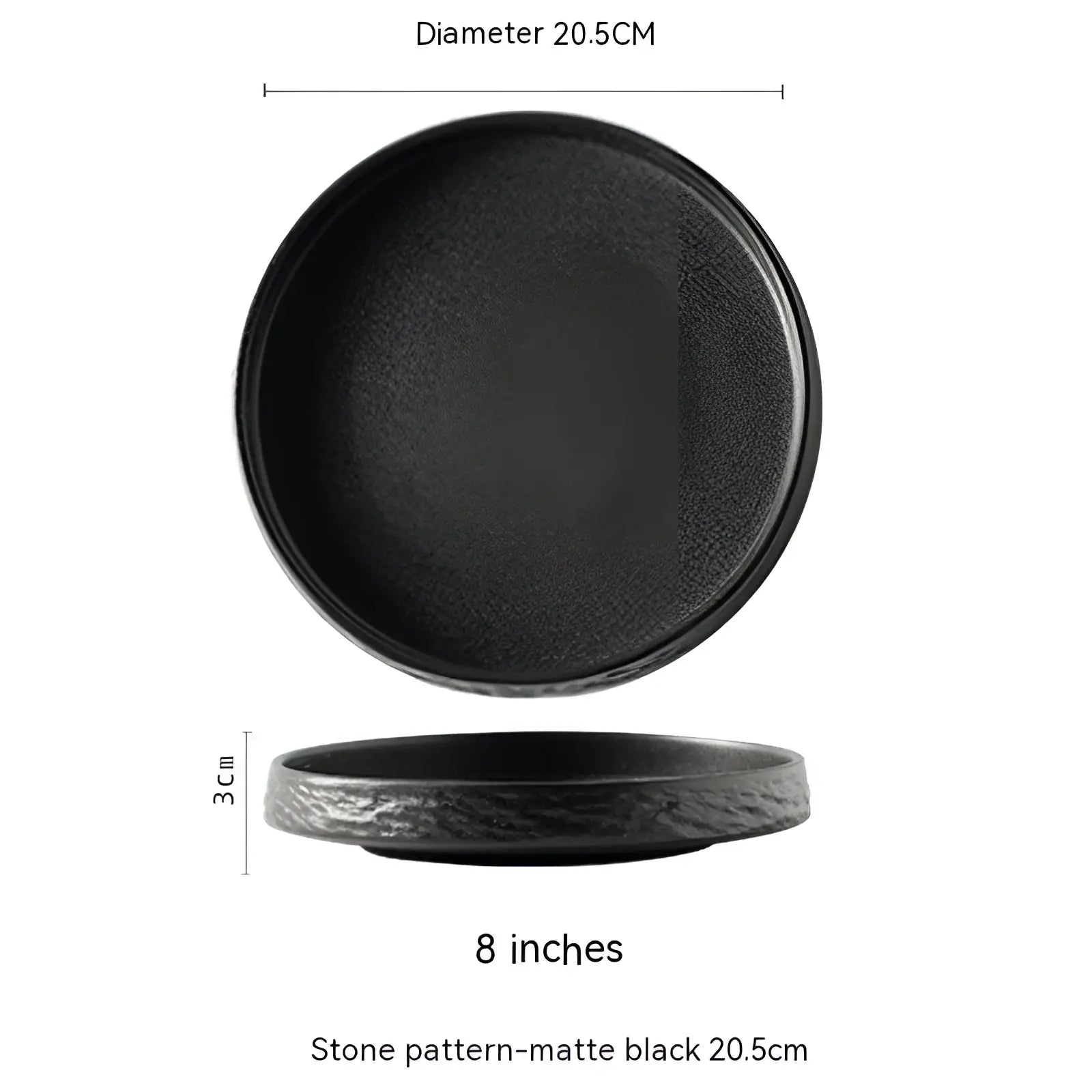 Matte black ceramic stone pattern deep plate with textured surface and raised rim for Japanese tableware use
