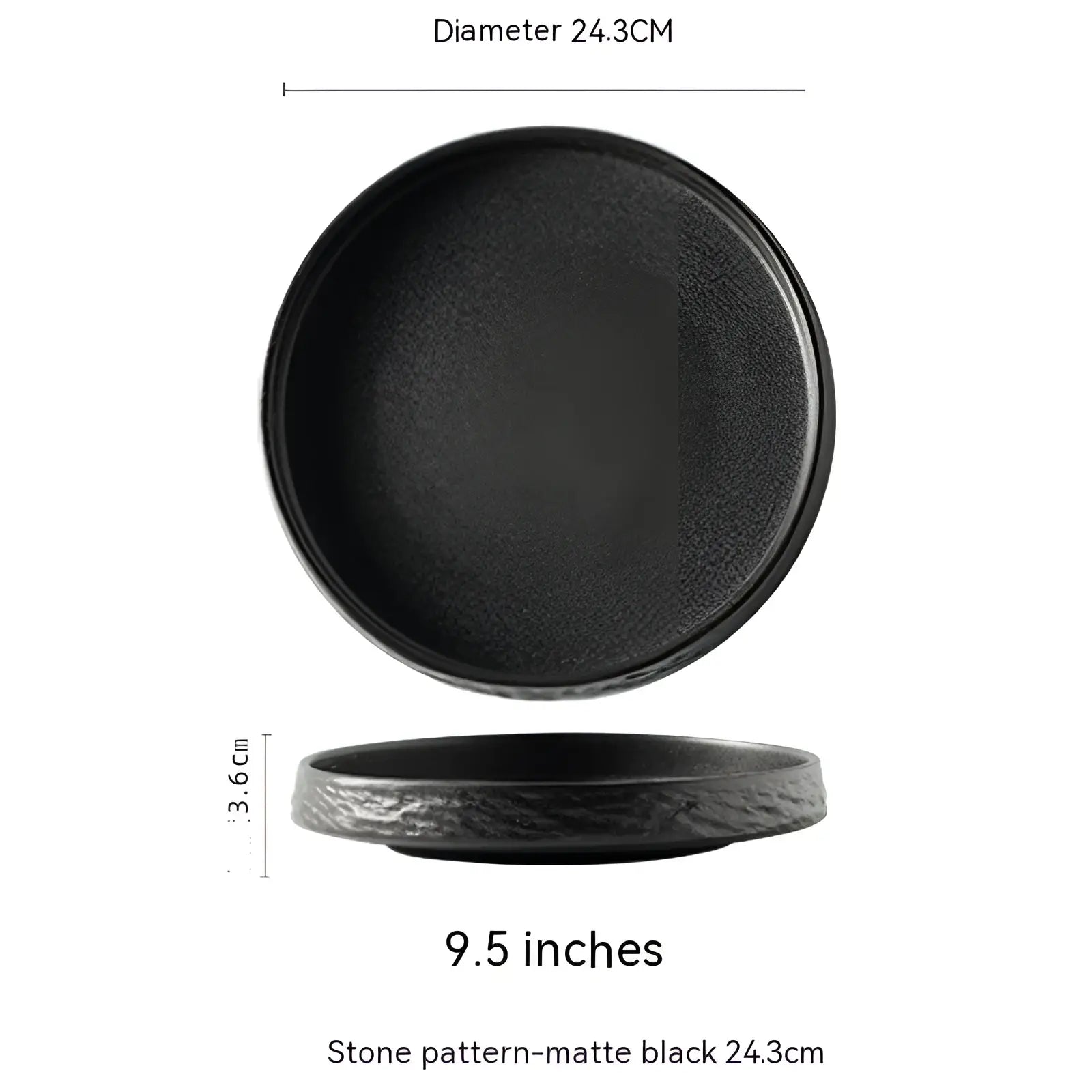 Matte black ceramic stone pattern deep plate with textured rustic edge and smooth interior for Japanese tableware