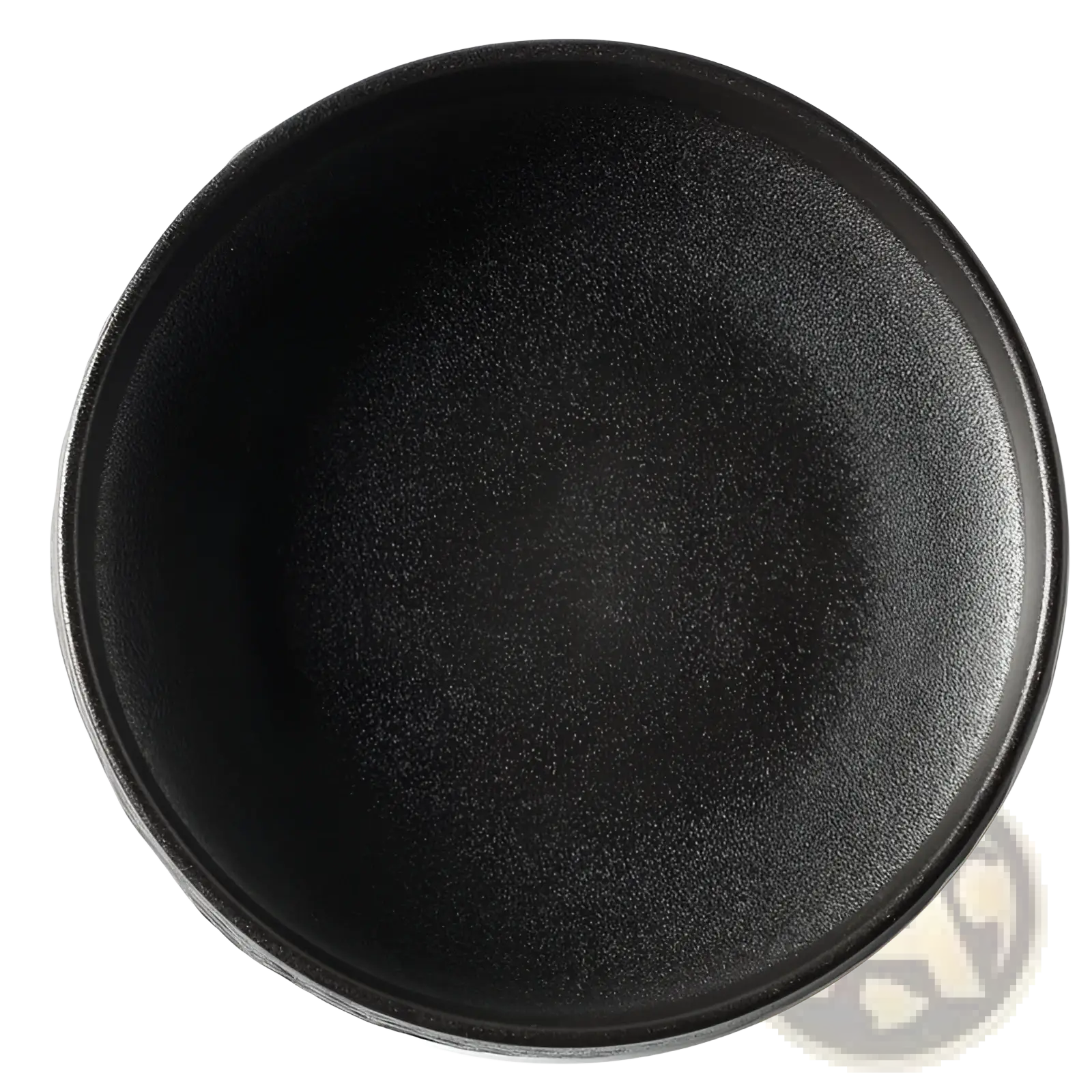A matte black ceramic deep plate with a speckled stone pattern and rounded rim for Japanese tableware